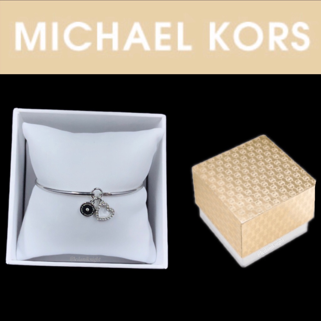 Michael Kors Silver Glitz Heart Charm Logo Bangle Bracelet 89$